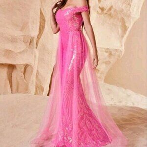 Hot Pink Mesh, Sequined, Mermaid Premium Brand And Quality Gown